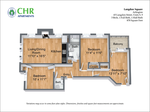 Floor plan for 3 beds, 1.5 baths, 878 sqft